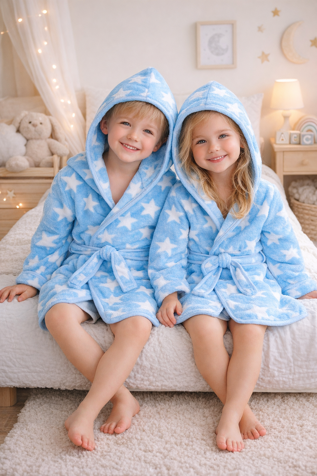 dwoje dzieci ubrane w polarowe szlafroki w kolorze beżowym z białymi gwiazdkami, z kapturem i paskiem do przewiązywania w pokoju dziecięcym